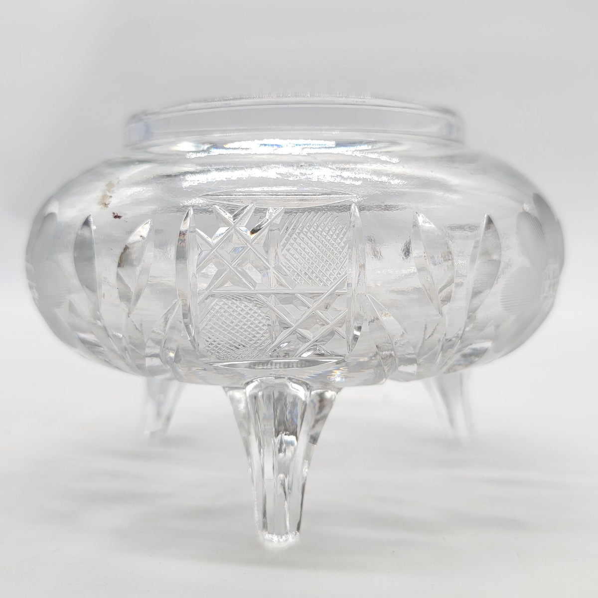 Antique Cut Crystal Footed Bowl With Flower Etching