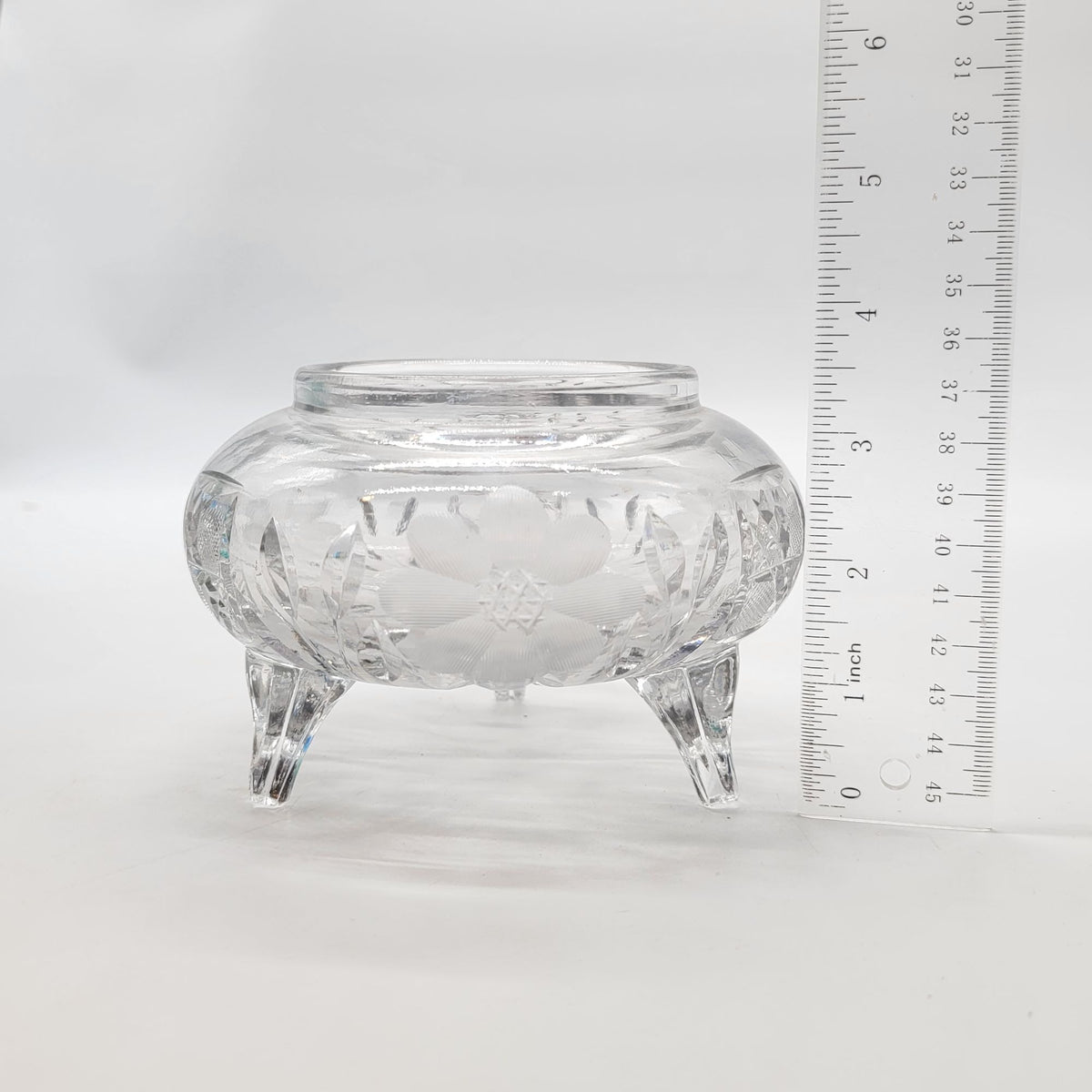 Antique Cut Crystal Footed Bowl With Flower Etching
