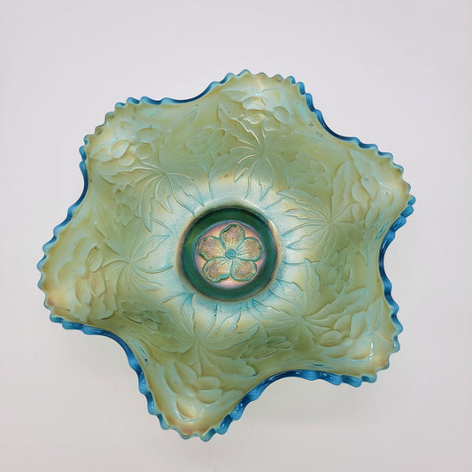 Antique Westmoreland Carolina Dogwood Blue Opalescent Carnival Glass Bowl