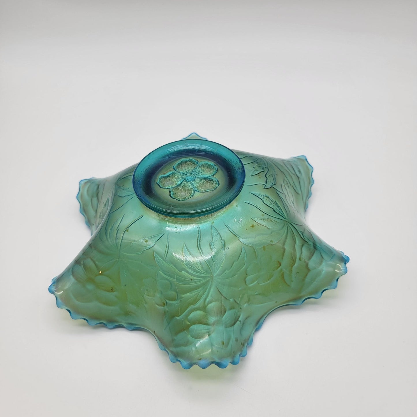 Antique Westmoreland Carolina Dogwood Blue Opalescent Carnival Glass Bowl