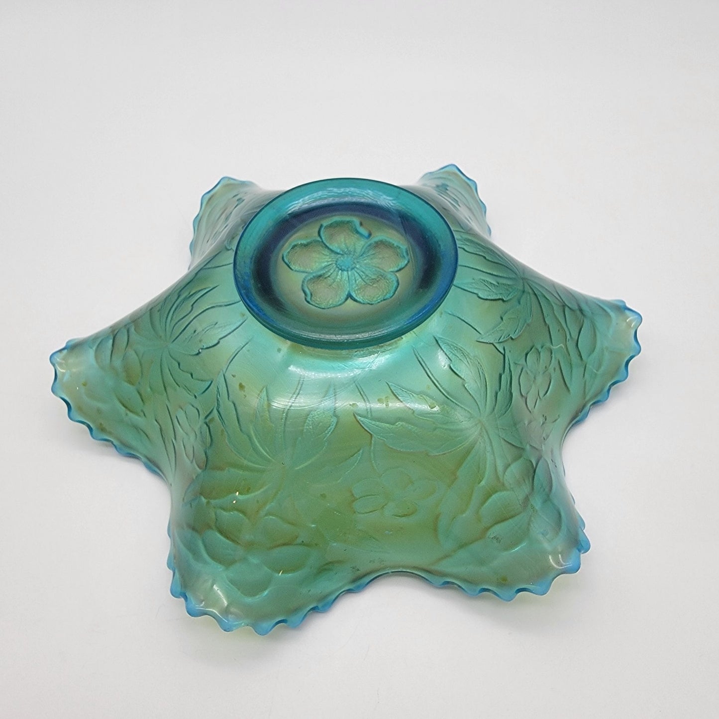 Antique Westmoreland Carolina Dogwood Blue Opalescent Carnival Glass Bowl