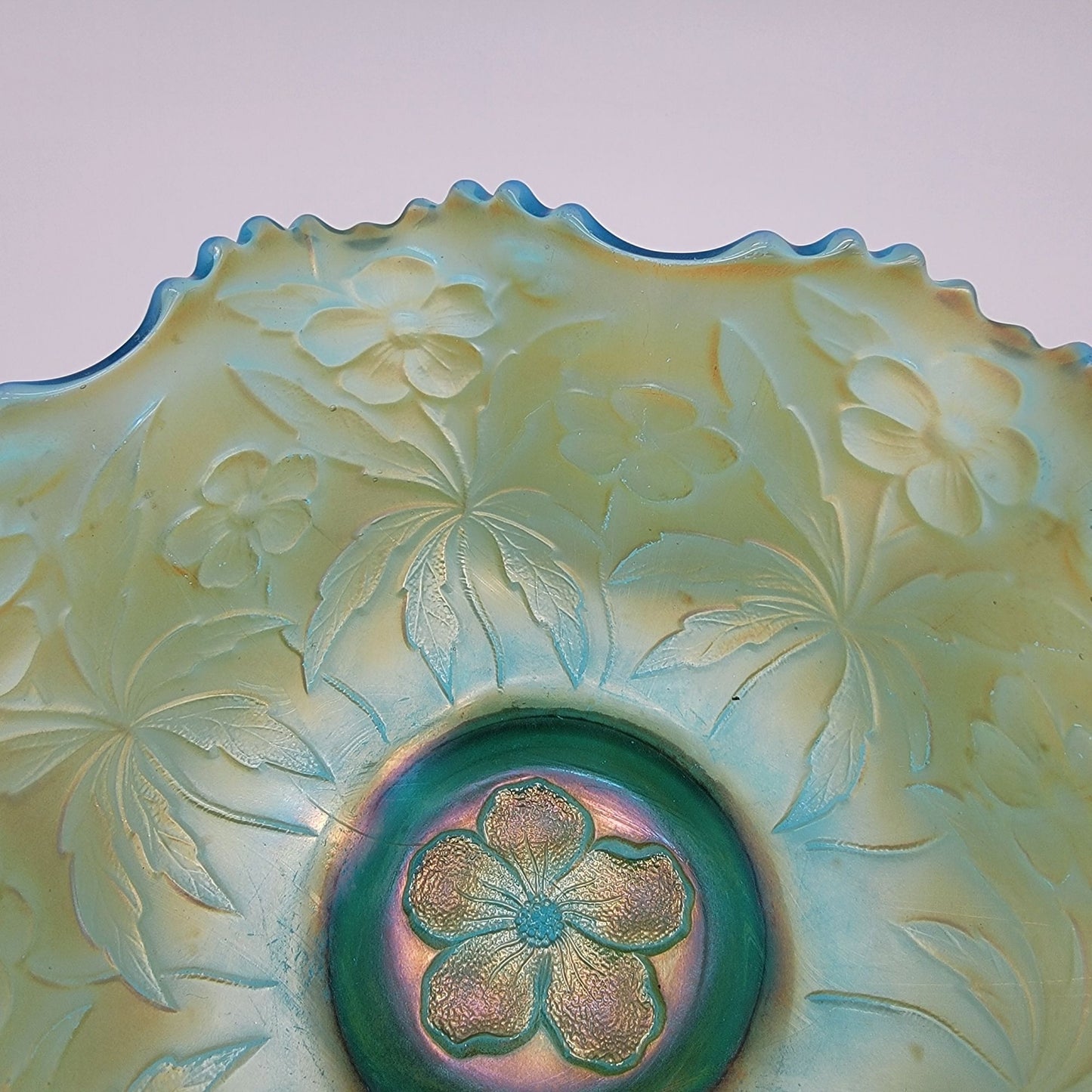 Antique Westmoreland Carolina Dogwood Blue Opalescent Carnival Glass Bowl