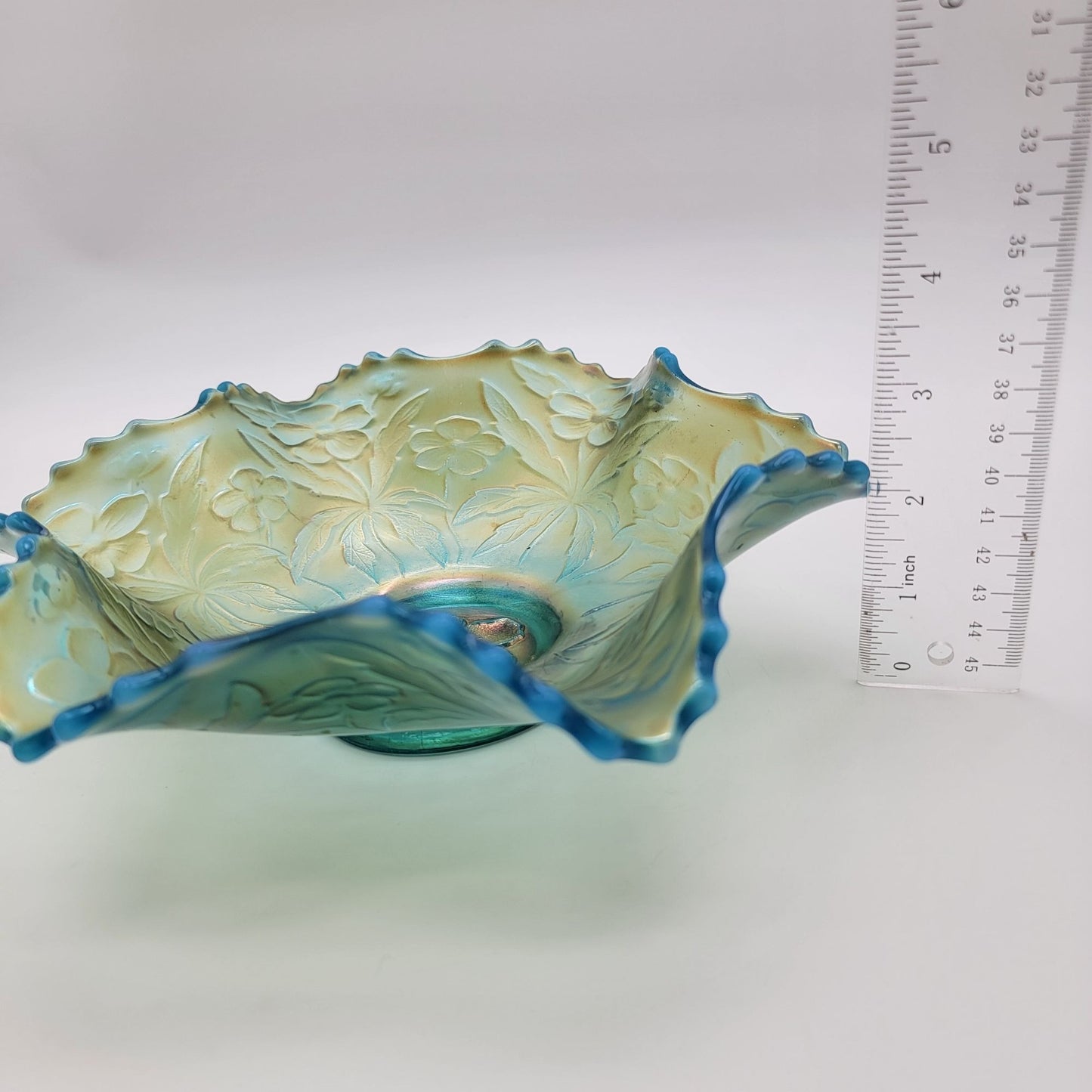 Antique Westmoreland Carolina Dogwood Blue Opalescent Carnival Glass Bowl