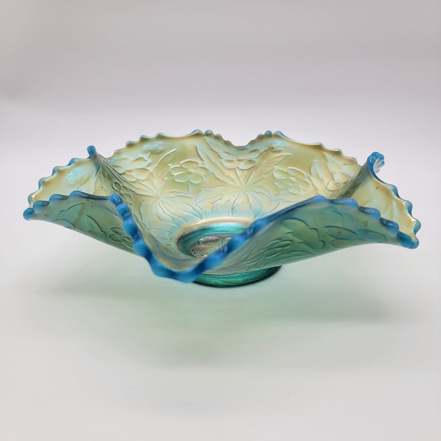 Antique Westmoreland Carolina Dogwood Blue Opalescent Carnival Glass Bowl