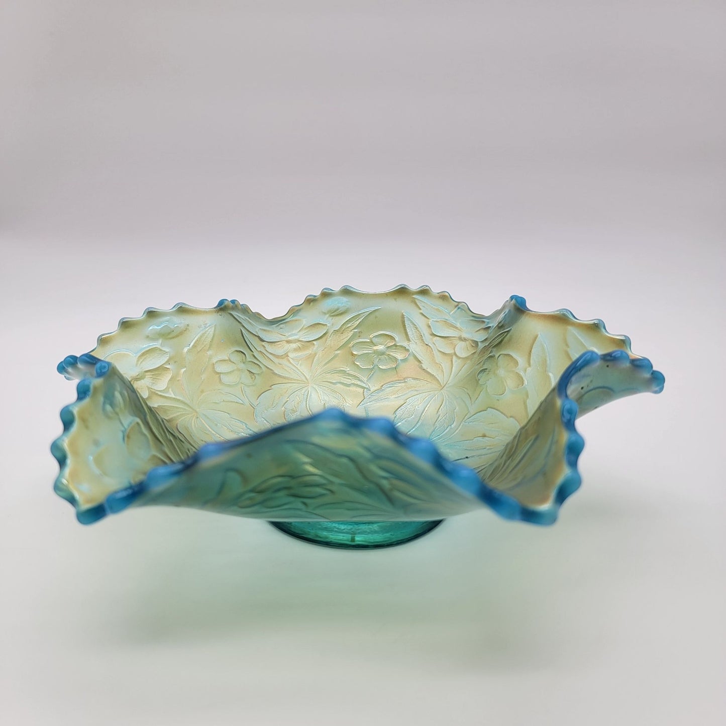 Antique Westmoreland Carolina Dogwood Blue Opalescent Carnival Glass Bowl