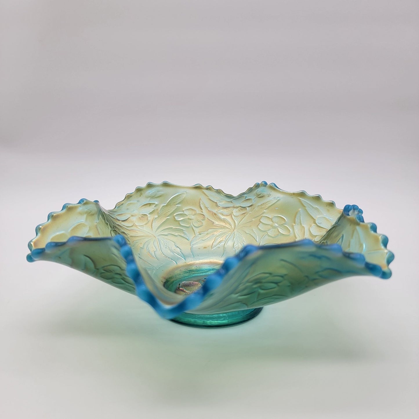 Antique Westmoreland Carolina Dogwood Blue Opalescent Carnival Glass Bowl