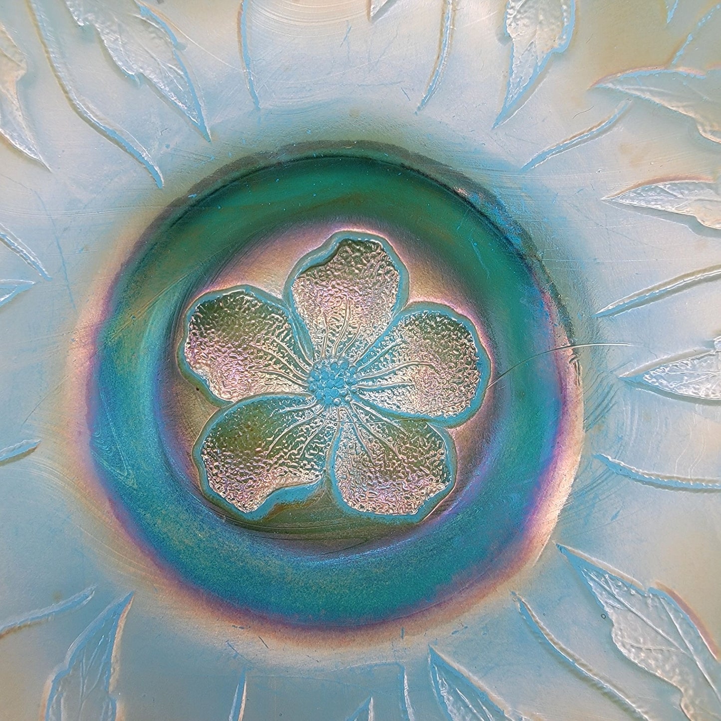 Antique Westmoreland Carolina Dogwood Blue Opalescent Carnival Glass Bowl