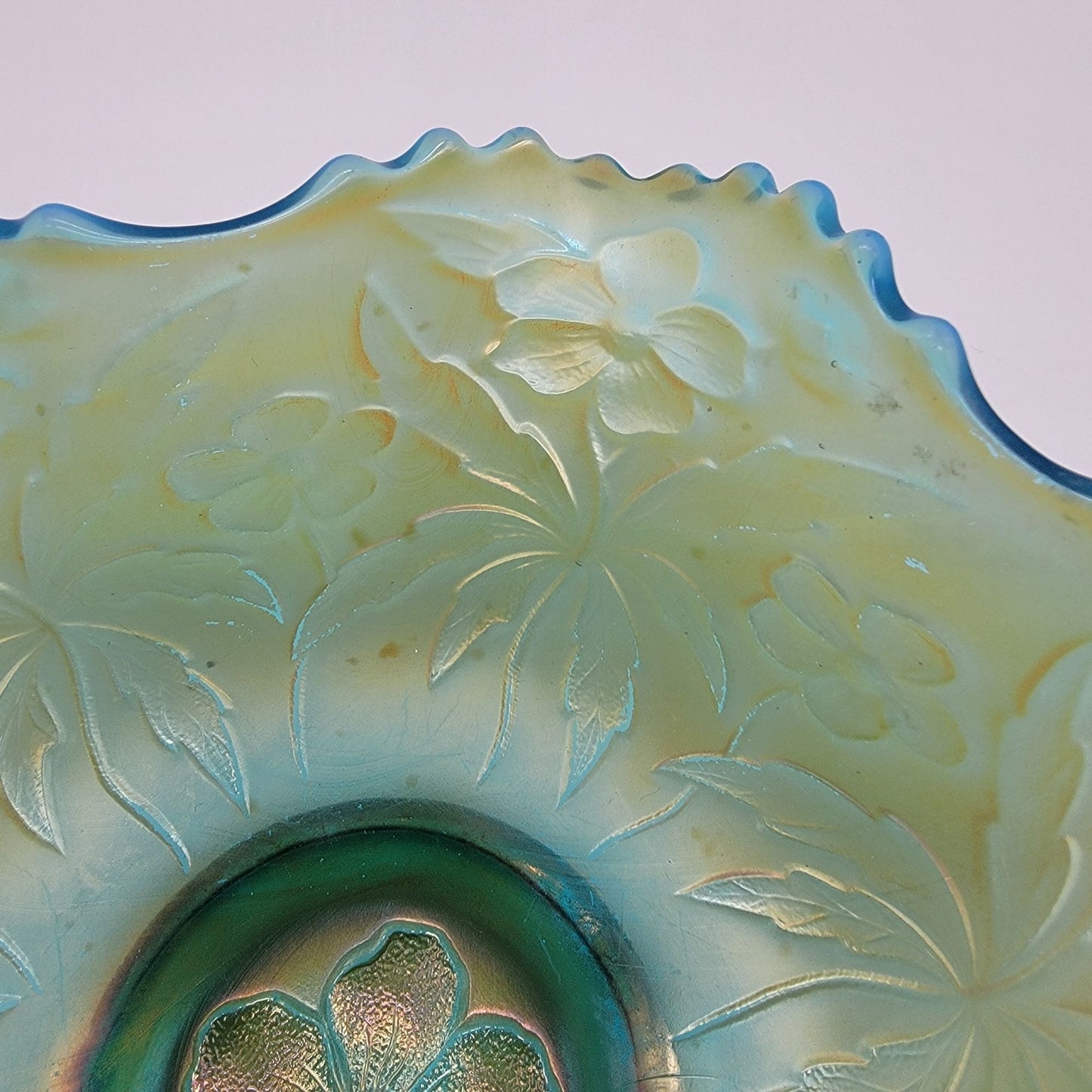 Antique Westmoreland Carolina Dogwood Blue Opalescent Carnival Glass Bowl
