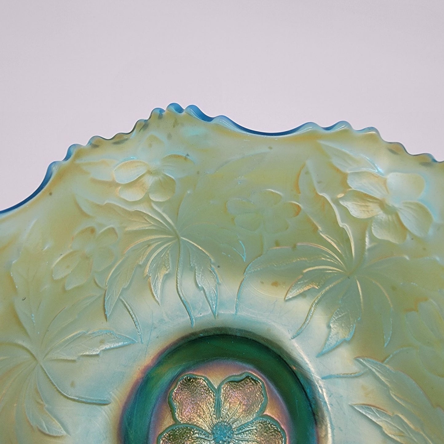 Antique Westmoreland Carolina Dogwood Blue Opalescent Carnival Glass Bowl