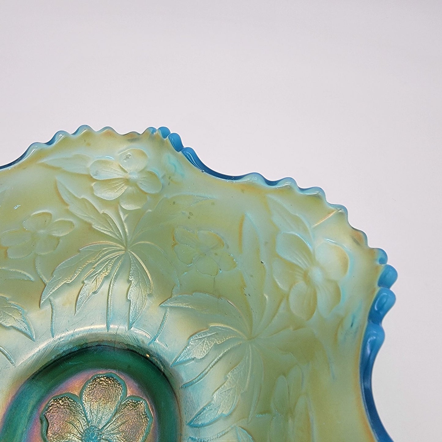 Antique Westmoreland Carolina Dogwood Blue Opalescent Carnival Glass Bowl