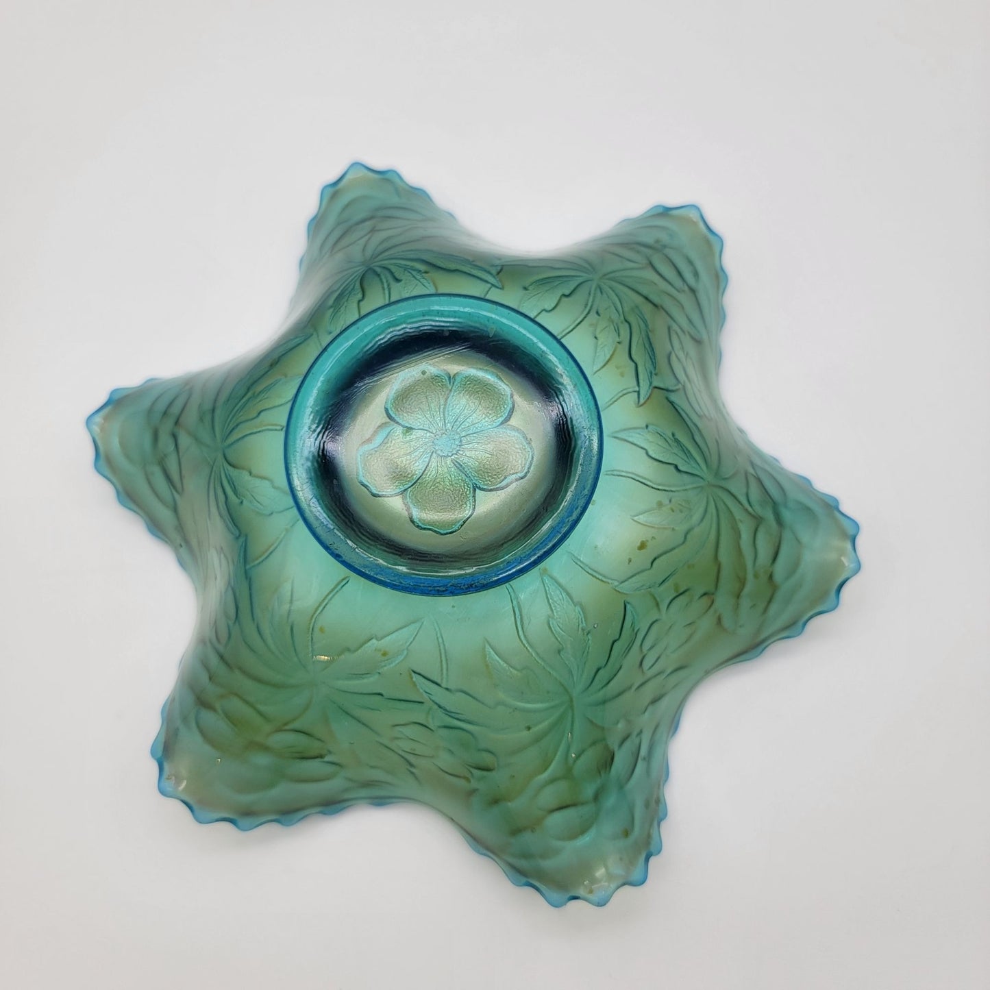 Antique Westmoreland Carolina Dogwood Blue Opalescent Carnival Glass Bowl