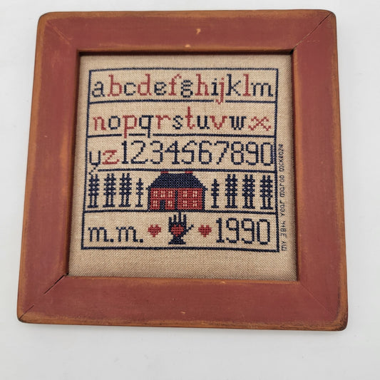 Vintage 1990 Cross Stitch Sampler Signed & Framed Alphabet & Number Design