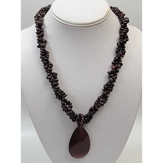 Natural Garnet Cluster Beaded Necklace With Teardrop Glass Pendant