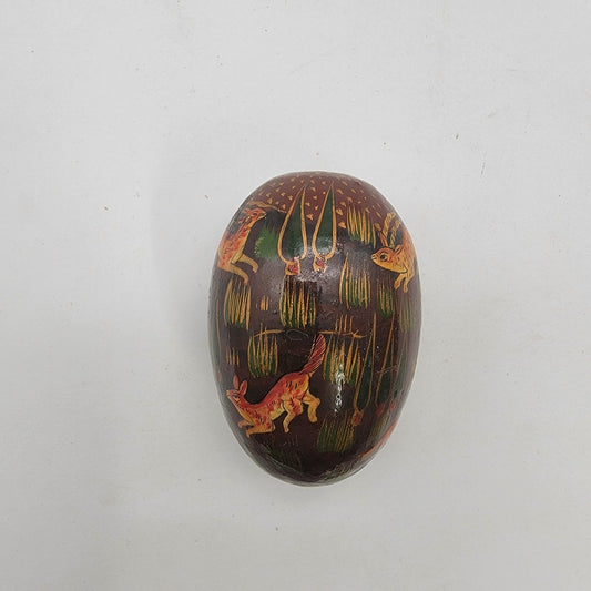 Hand Painted Vintage Russian Folk Art Lacquered Wood Egg Tiger Hunting