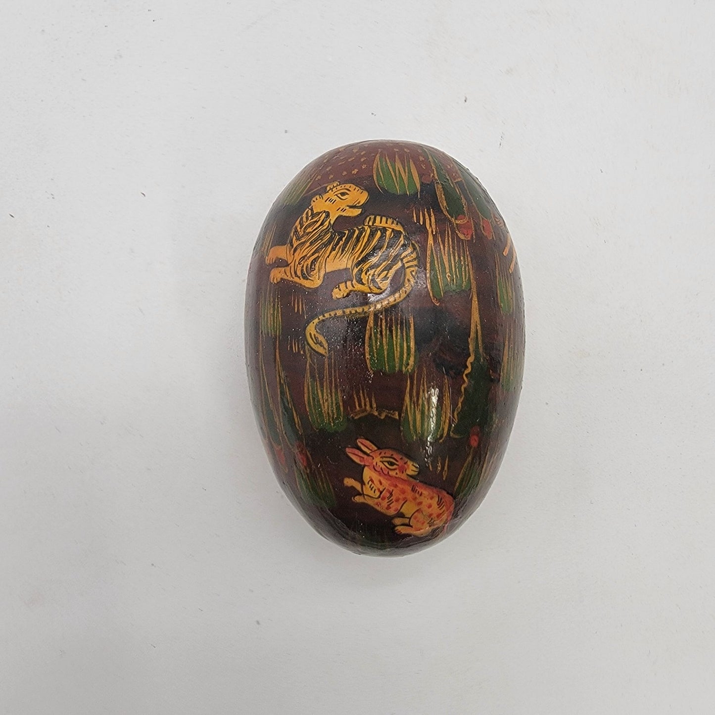 Hand Painted Vintage Russian Folk Art Lacquered Wood Egg Tiger Hunting