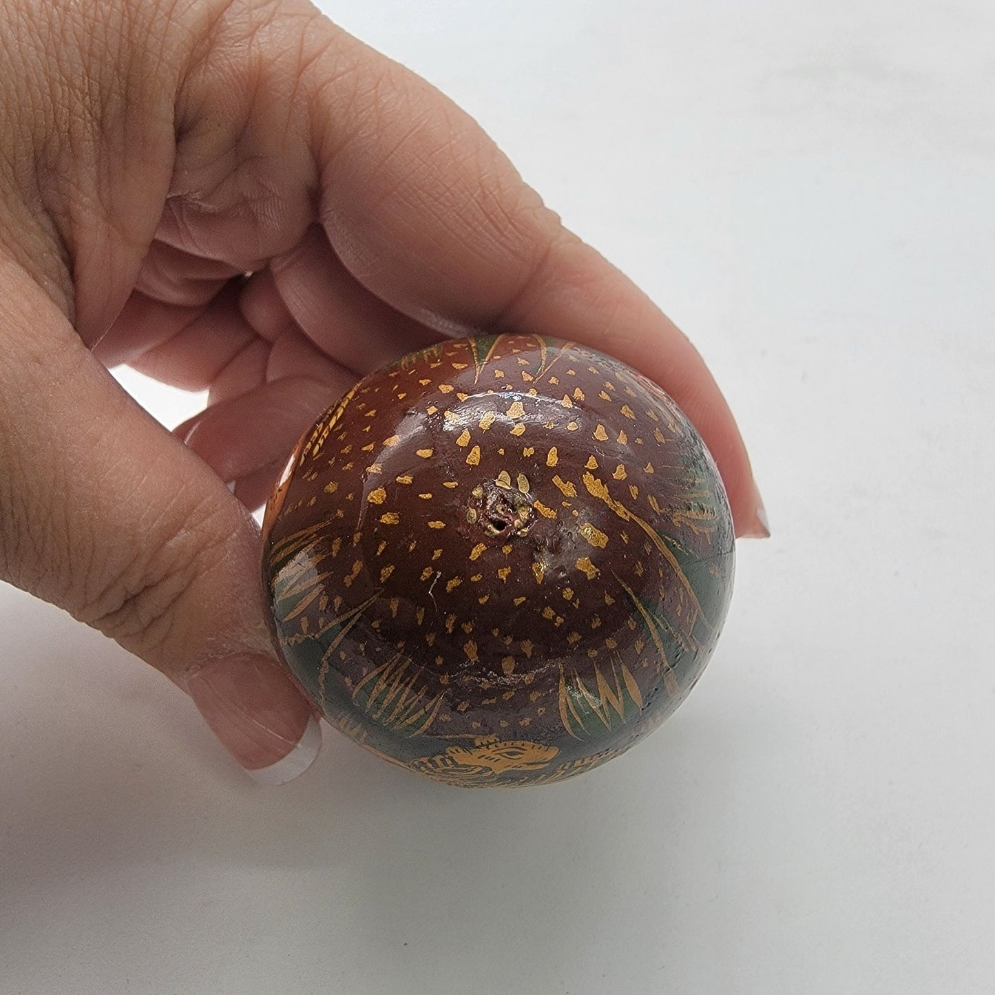 Hand Painted Vintage Russian Folk Art Lacquered Wood Egg Tiger Hunting