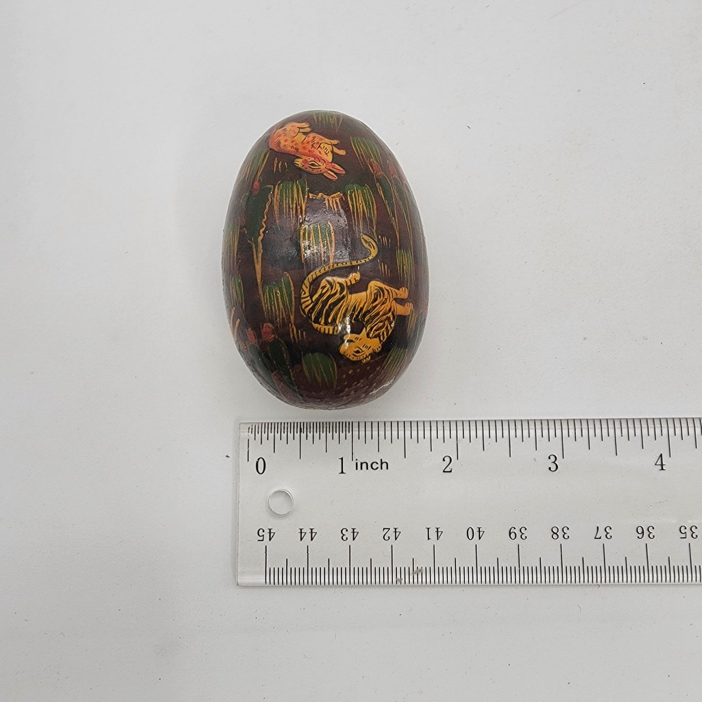 Hand Painted Vintage Russian Folk Art Lacquered Wood Egg Tiger Hunting