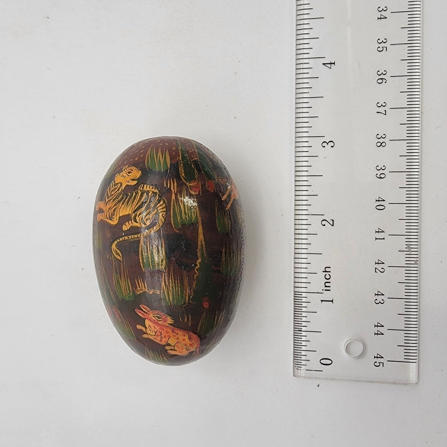 Hand Painted Vintage Russian Folk Art Lacquered Wood Egg Tiger Hunting