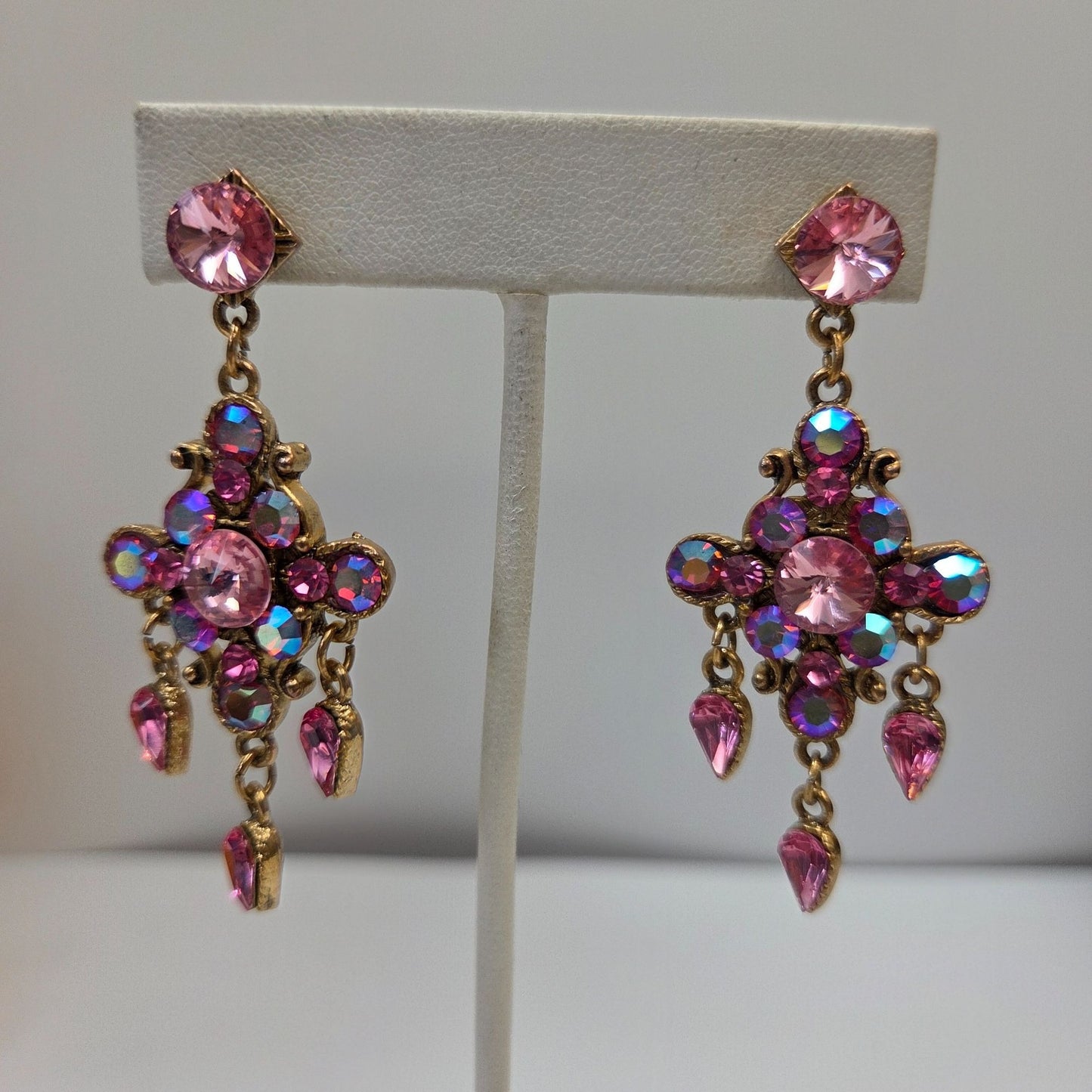 Vintage Pink AB Crystal Rhinestone Chandelier Dangle Earrings
