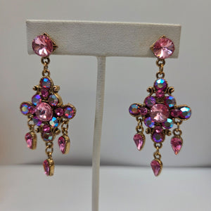 Vintage Pink AB Crystal Rhinestone Chandelier Dangle Earrings