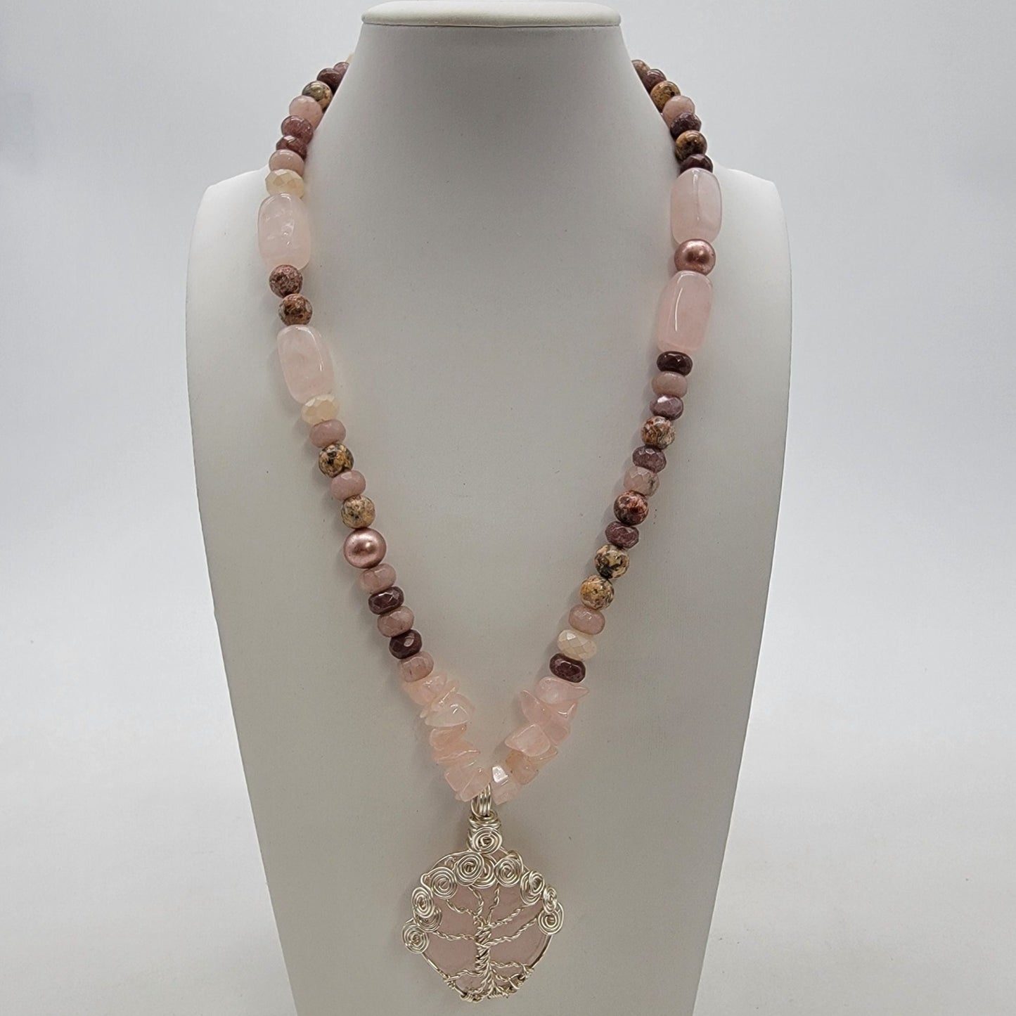 Rose Quartz Tree Of Life Wire Wrapped Pendant Necklace With Imperial Jasper Beads