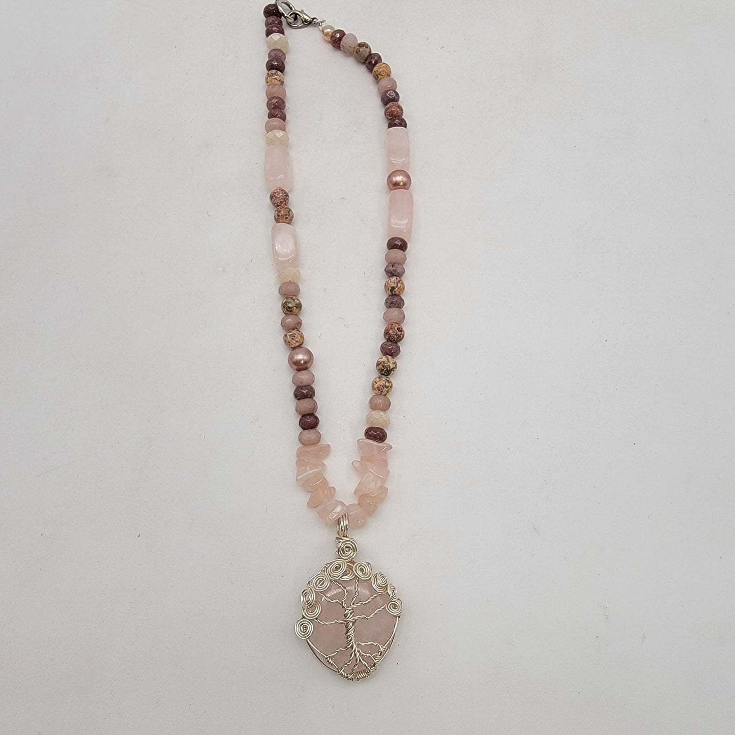 Rose Quartz Tree Of Life Wire Wrapped Pendant Necklace With Imperial Jasper Beads