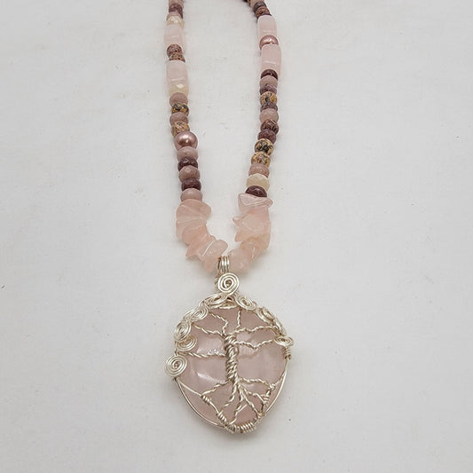 Rose Quartz Tree Of Life Wire Wrapped Pendant Necklace With Imperial Jasper Beads