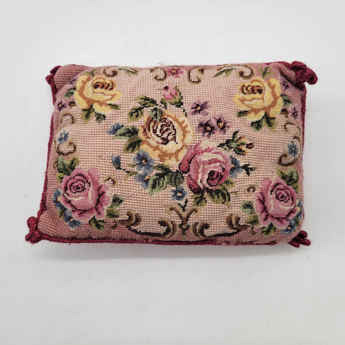 Vintage Rose Floral Needlepoint Throw Pillow Red Velvet Back