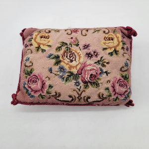 Vintage Rose Floral Needlepoint Throw Pillow Red Velvet Back