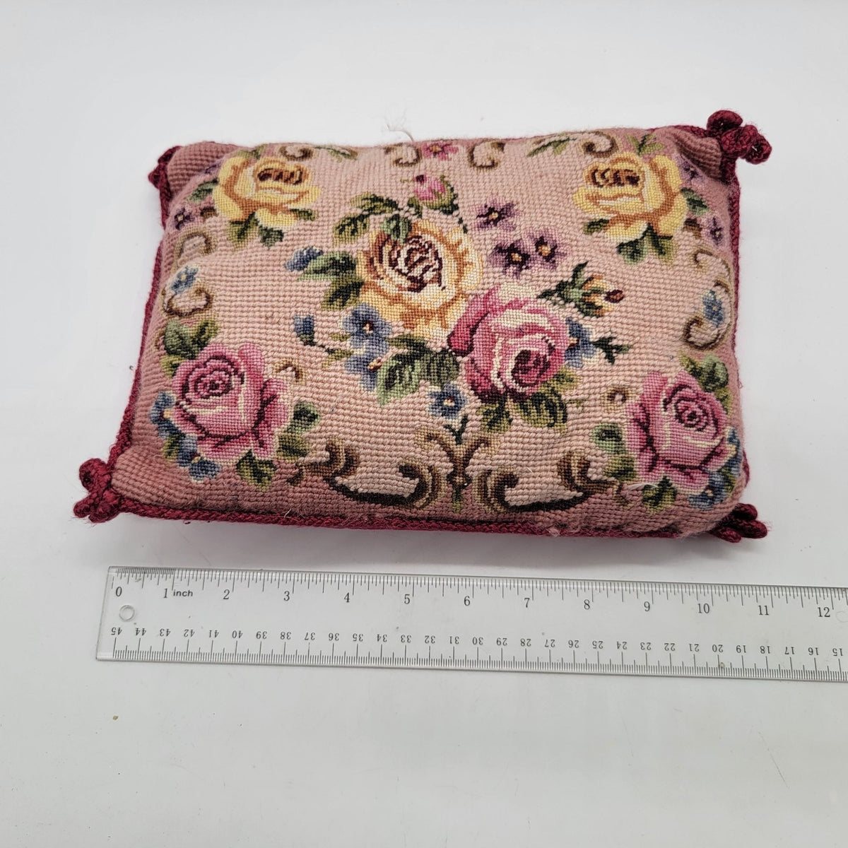 Vintage Rose Floral Needlepoint Throw Pillow Red Velvet Back