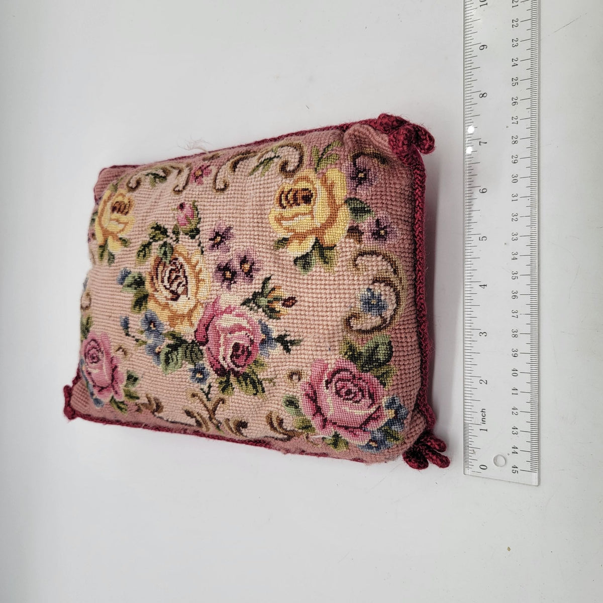 Vintage Rose Floral Needlepoint Throw Pillow Red Velvet Back