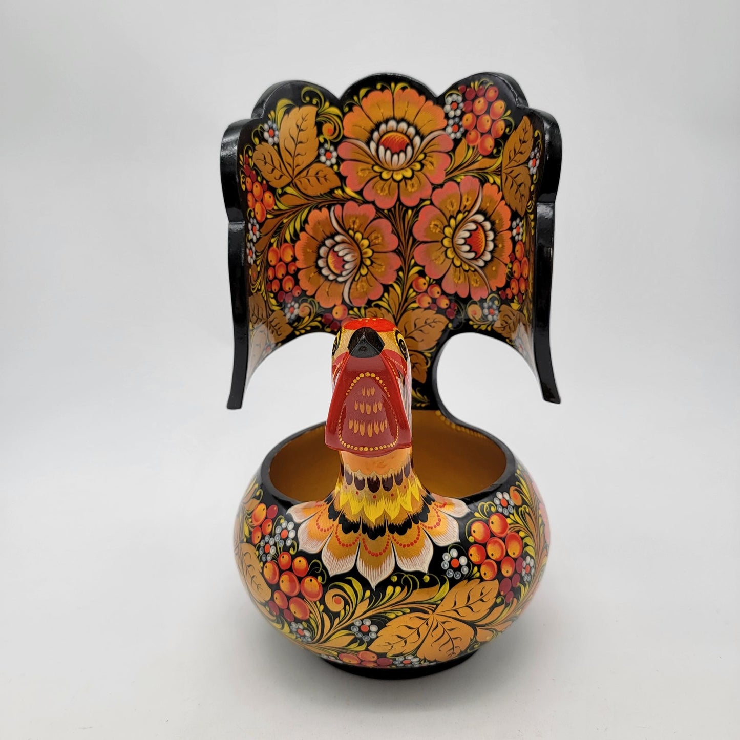 Vintage Russian Khokhloma Grouse Bird Bowl Lacquerware