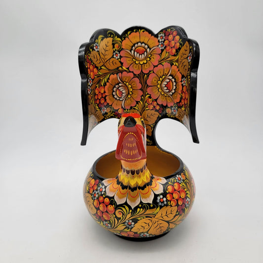 Vintage Russian Khokhloma Grouse Bird Bowl Lacquerware