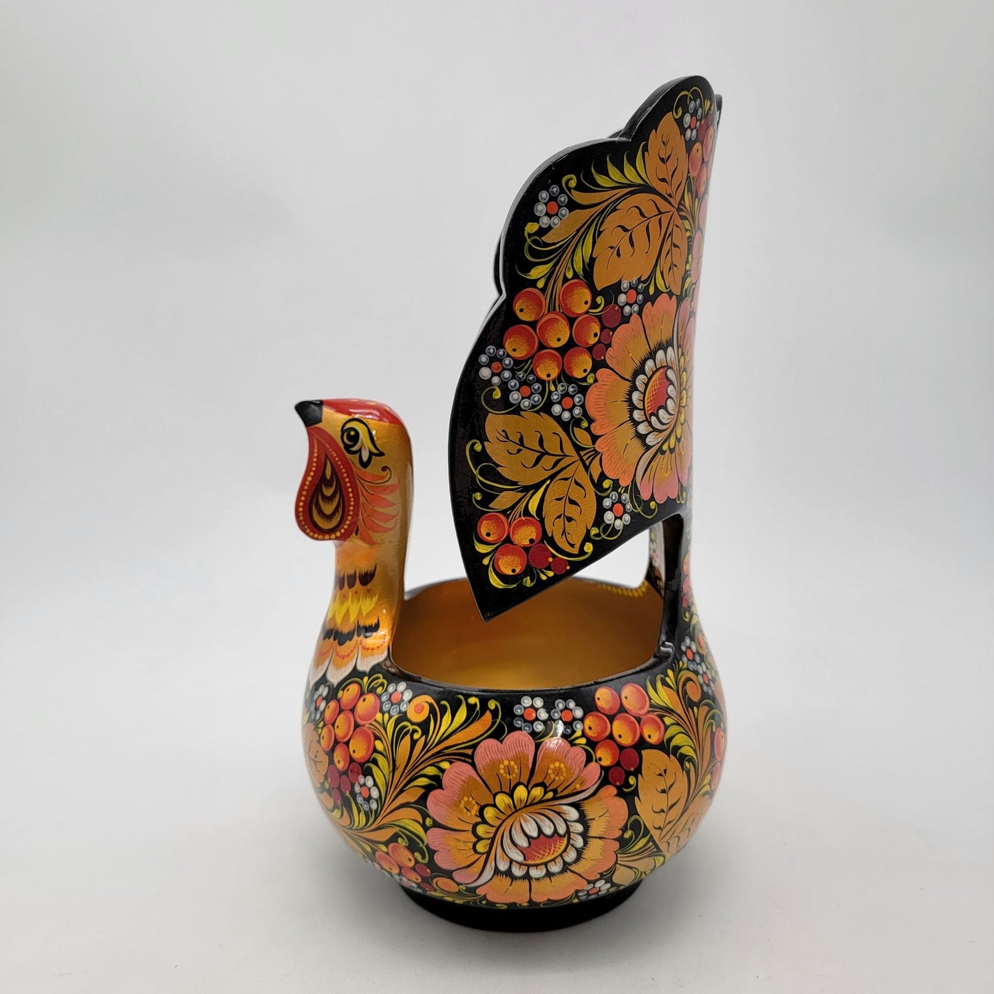 Vintage Russian Khokhloma Grouse Bird Bowl Lacquerware