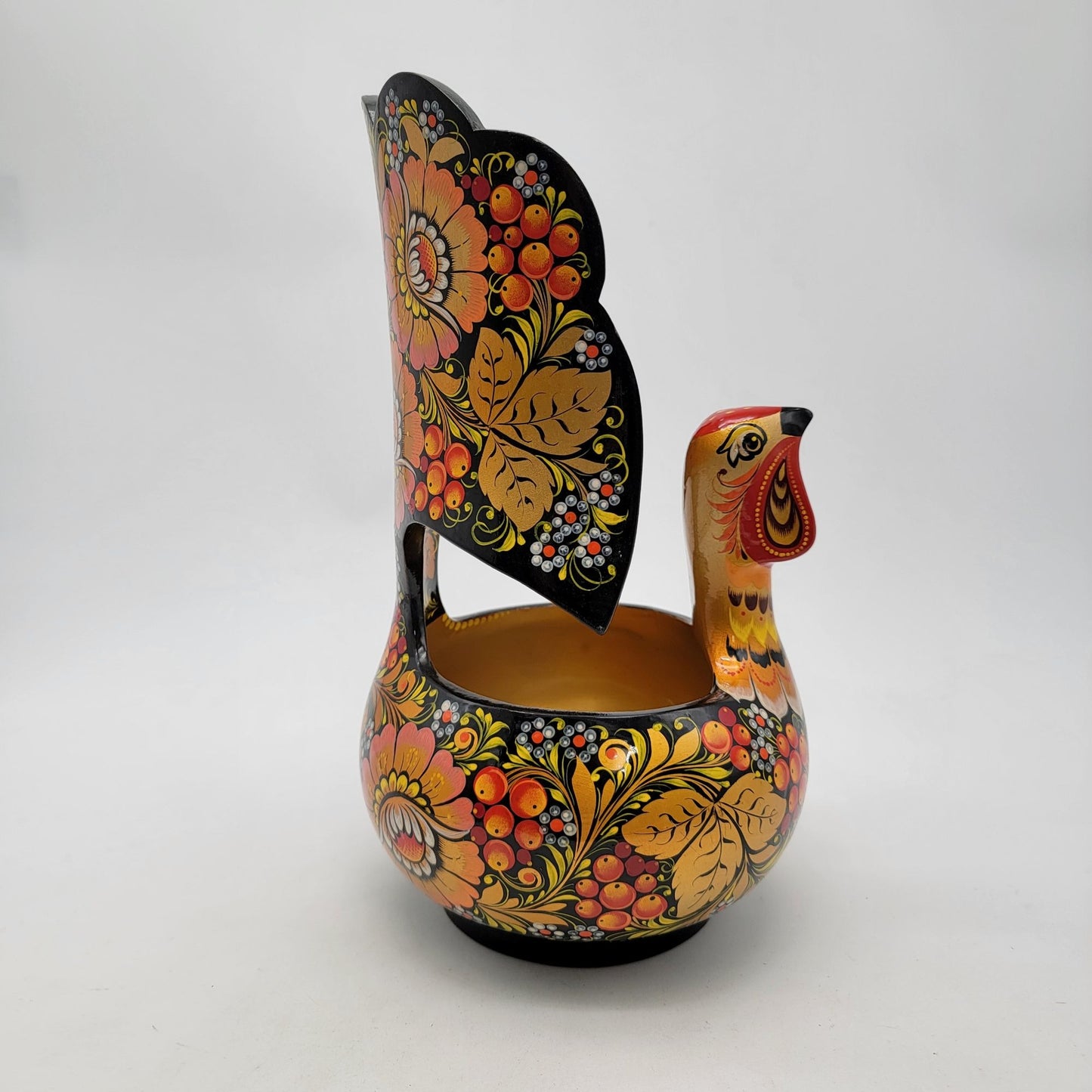 Vintage Russian Khokhloma Grouse Bird Bowl Lacquerware