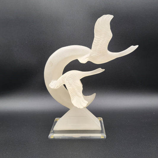 Vintage Frosted Lucite Geese In Flight Moon Sculpture With Clear Base