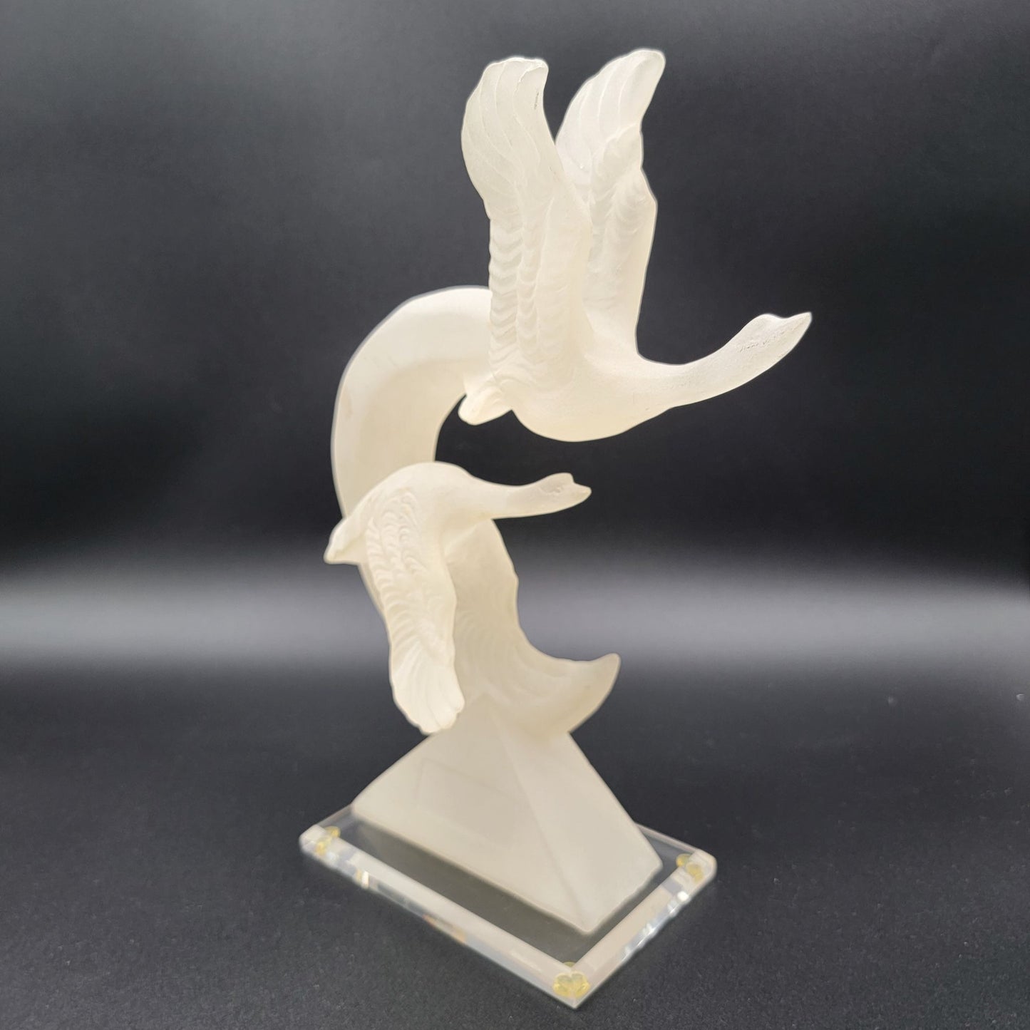 Vintage Frosted Lucite Geese In Flight Moon Sculpture With Clear Base