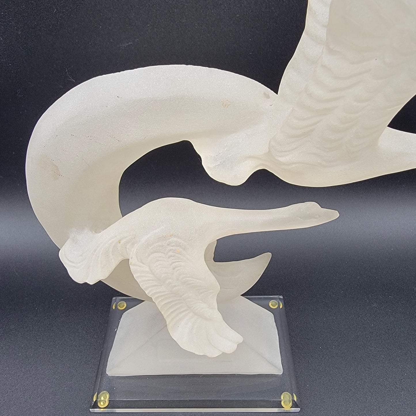 Vintage Frosted Lucite Geese In Flight Moon Sculpture With Clear Base