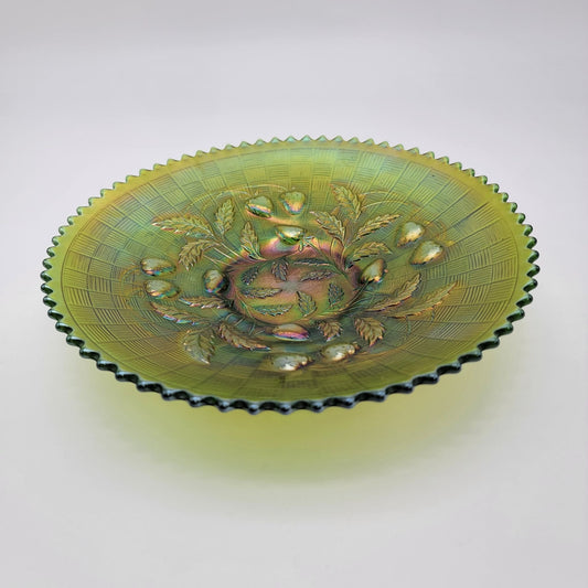 Antique Northwood Strawberry Green Carnival Glass Bowl Basketweave