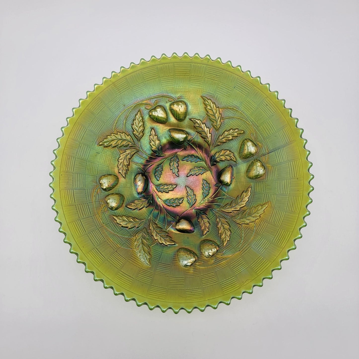 Antique Northwood Strawberry Green Carnival Glass Bowl Basketweave