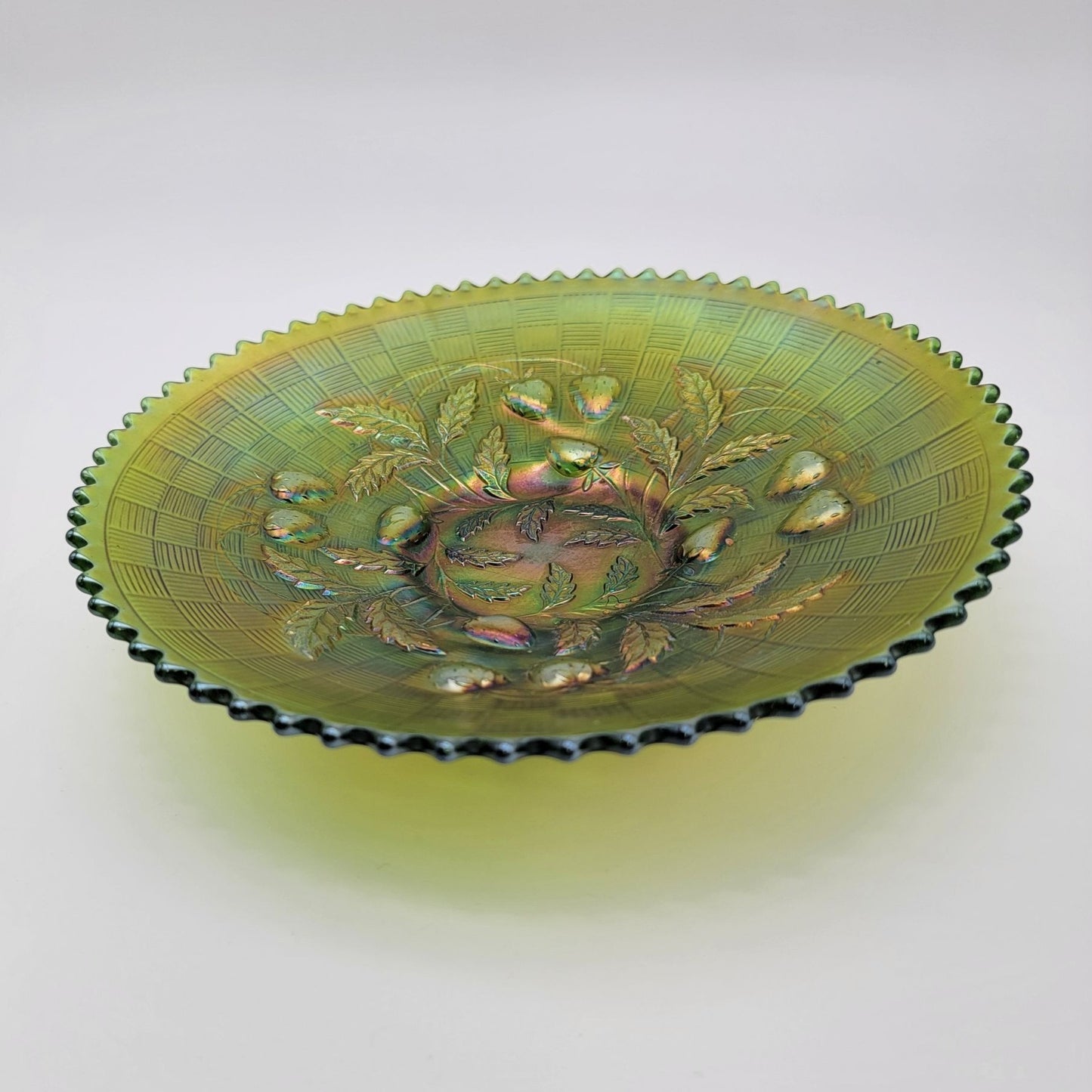 Antique Northwood Strawberry Green Carnival Glass Bowl Basketweave