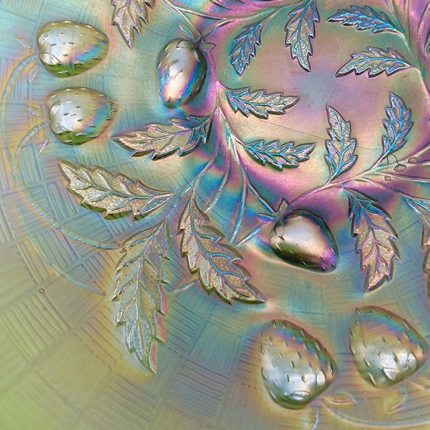 Antique Northwood Strawberry Green Carnival Glass Bowl Basketweave