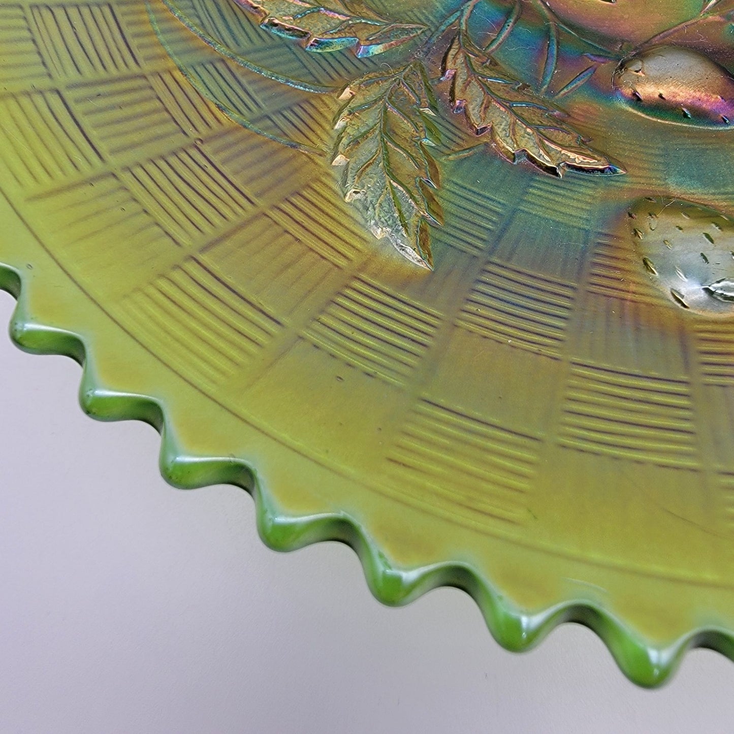 Antique Northwood Strawberry Green Carnival Glass Bowl Basketweave