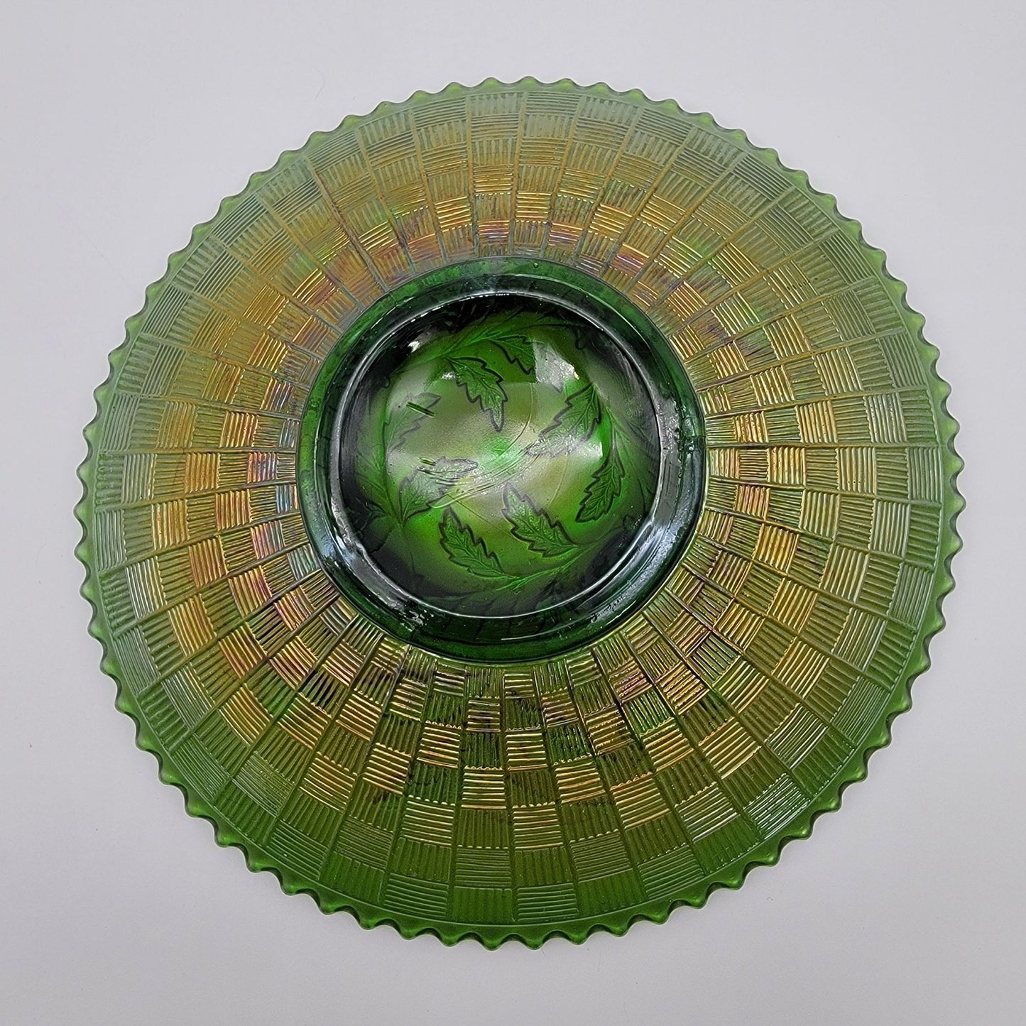 Antique Northwood Strawberry Green Carnival Glass Bowl Basketweave