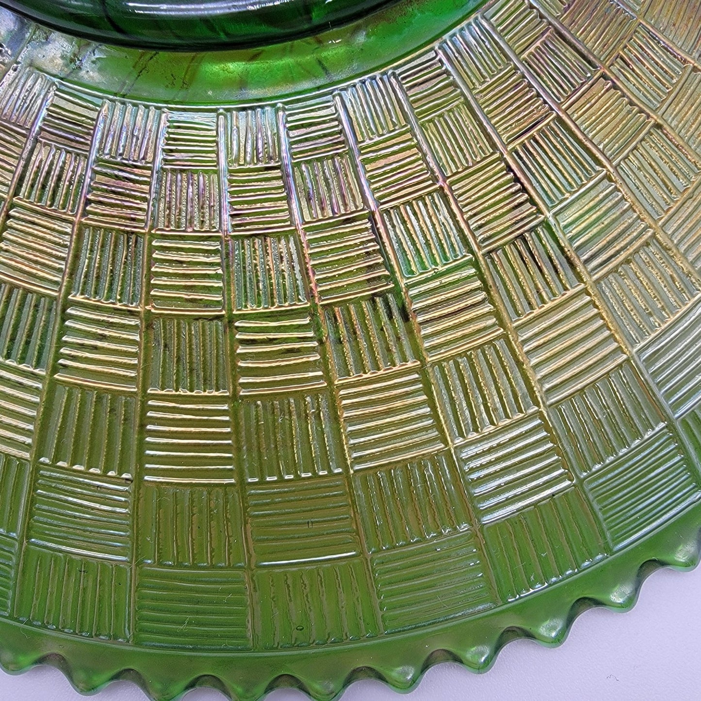 Antique Northwood Strawberry Green Carnival Glass Bowl Basketweave