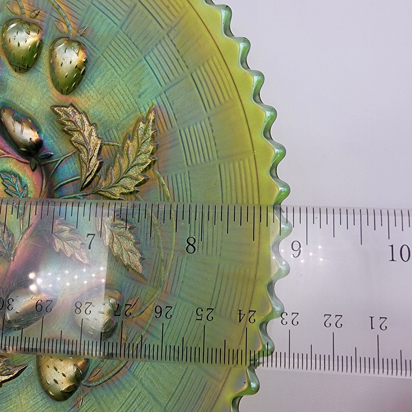 Antique Northwood Strawberry Green Carnival Glass Bowl Basketweave