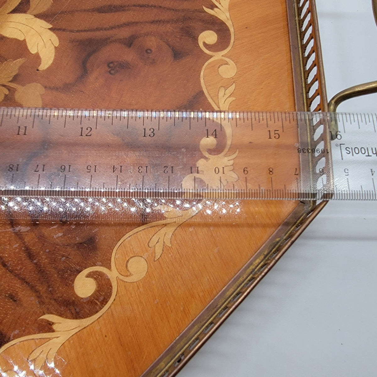 1960s Italian Sorrento Marquetry Wood Serving Tray With Brass Handles
