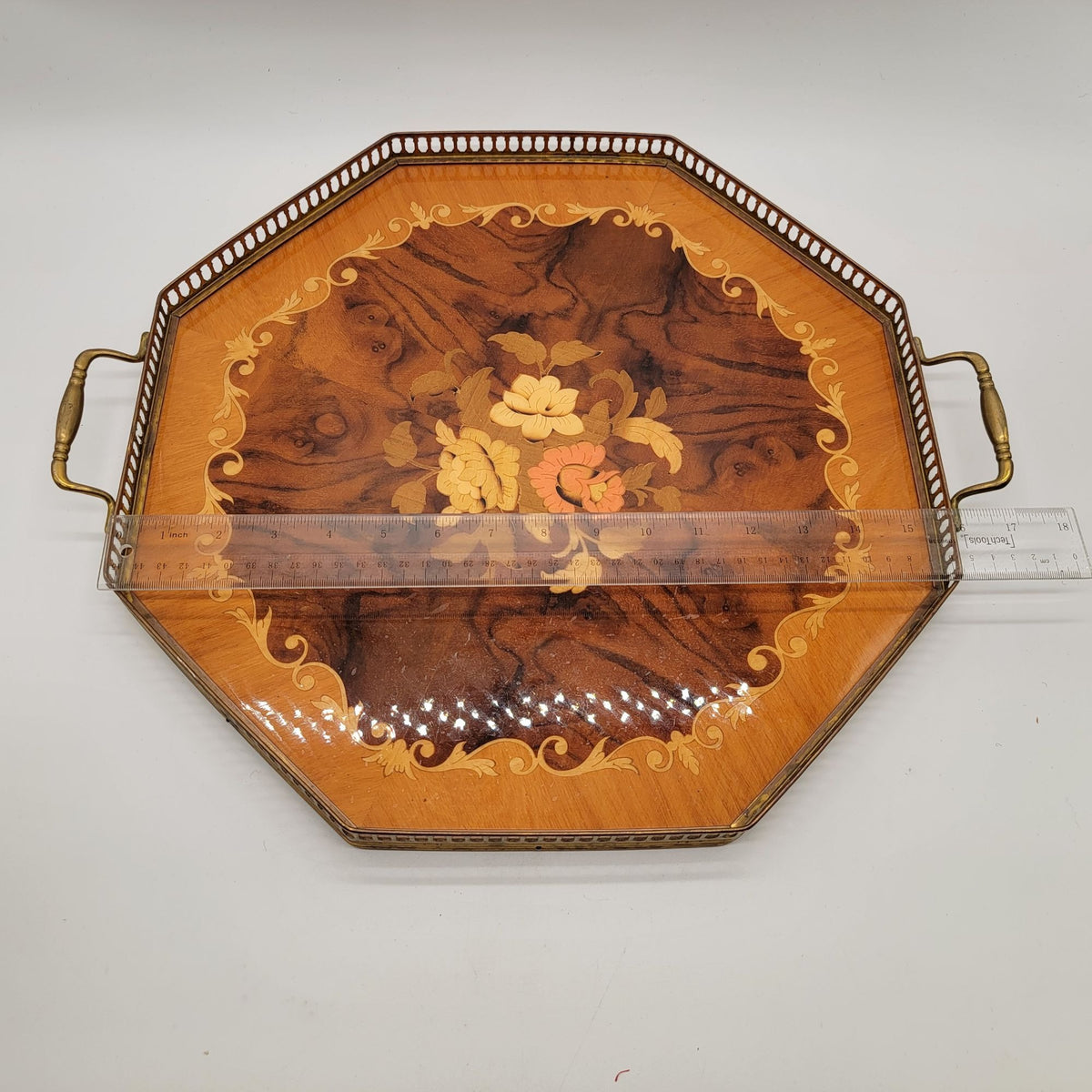 1960s Italian Sorrento Marquetry Wood Serving Tray With Brass Handles