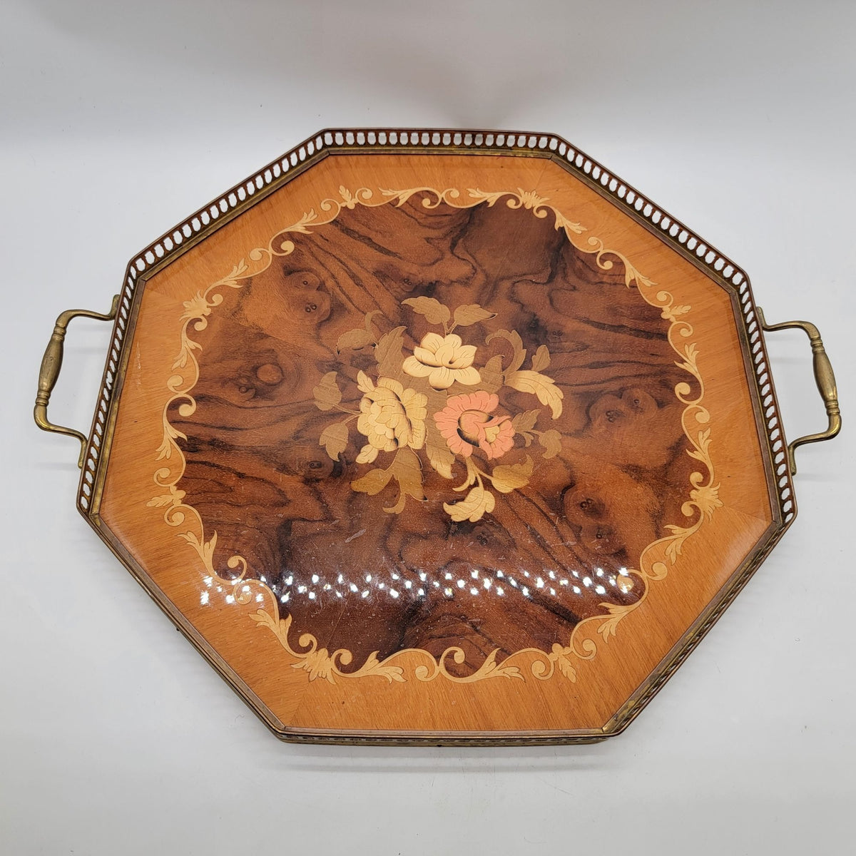 1960s Italian Sorrento Marquetry Wood Serving Tray With Brass Handles