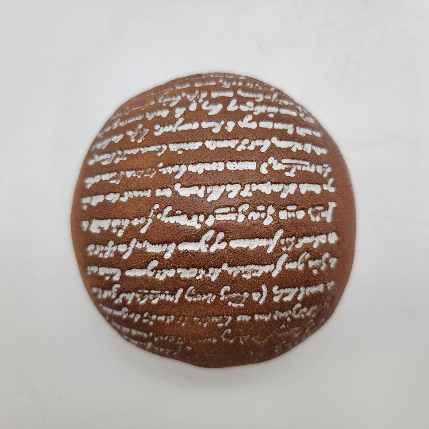 G Marquart Brown Art Pottery Paperweight With Script Design Signed
